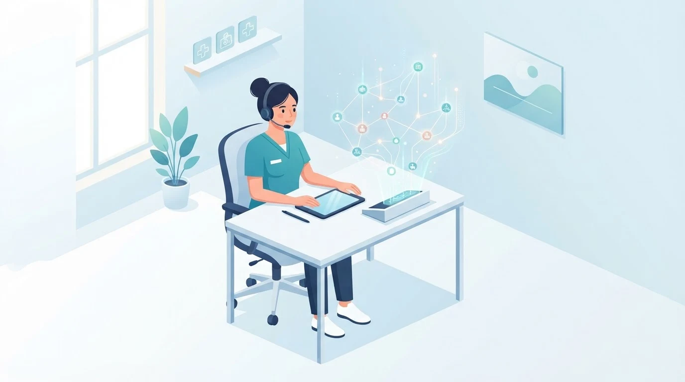 Illustration of a helpline specialist connected to a network of referral pathways