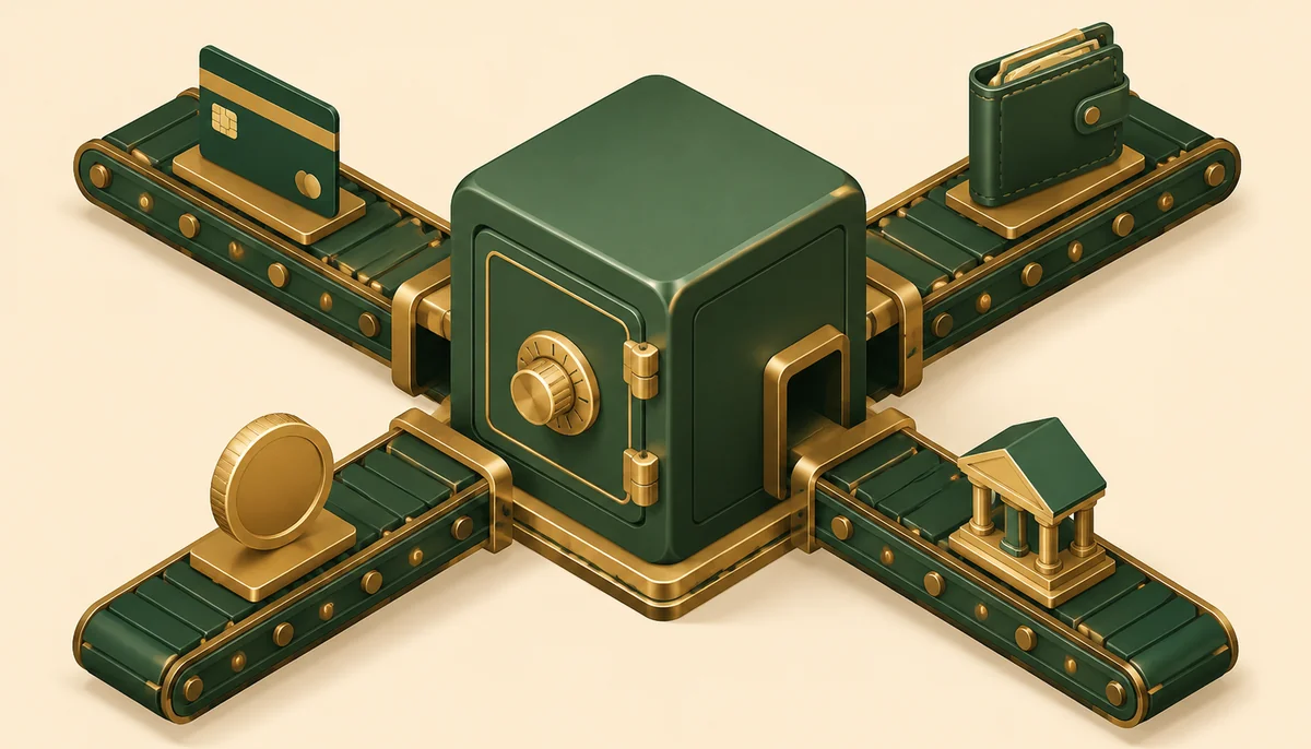 Isometric safe with dial lock receiving four conveyor paths from payment icons.