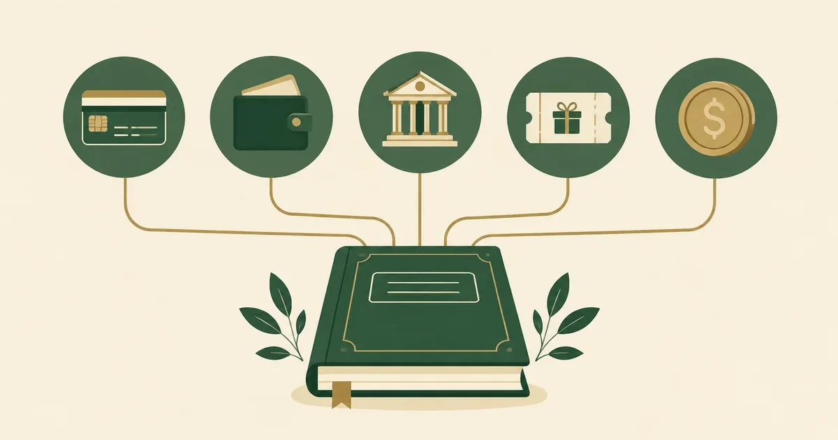 Five payment icons linked by lines to a central ledger book in flat cream, green, and brass.