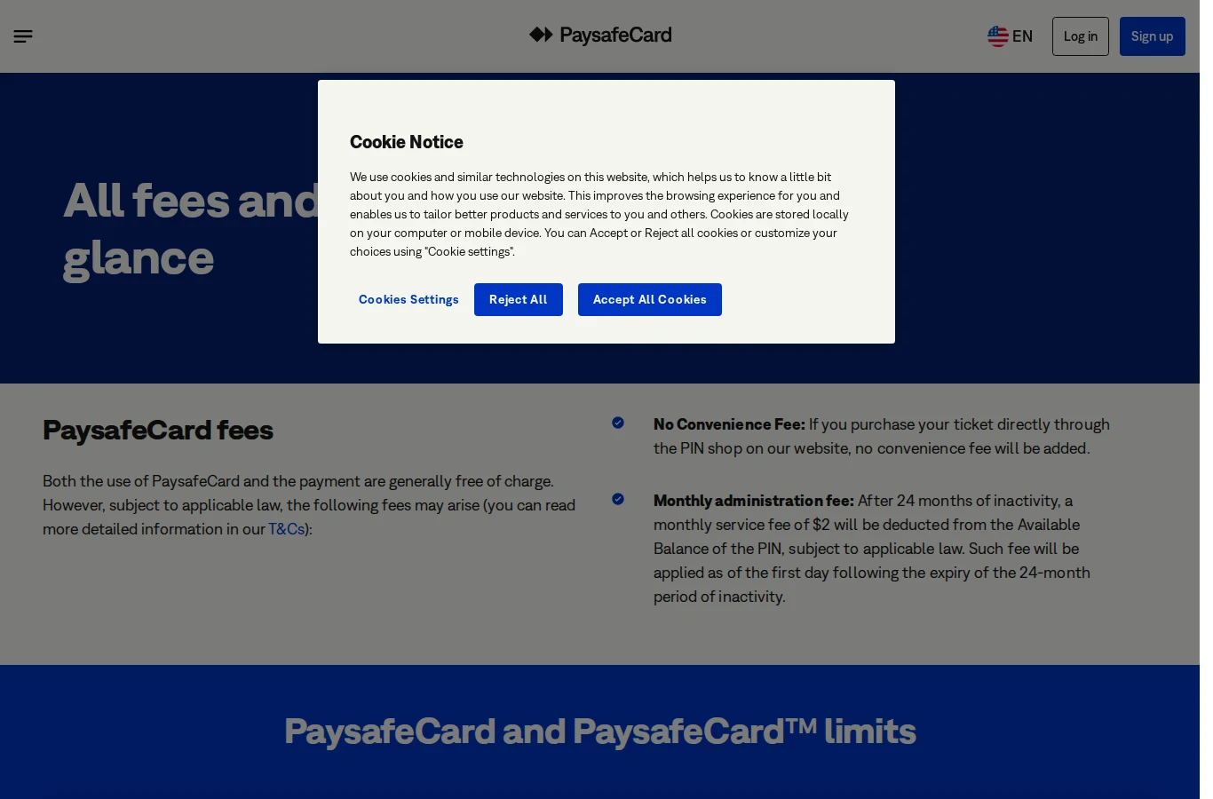Screenshot of the official paysafecard fees and limits page behind a cookie notice.